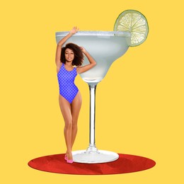 Image of Pretty woman in swimsuit near big cocktail on yellow background, summer collage