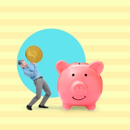 Image of Creative collage with man throwing coin into piggy bank on color background