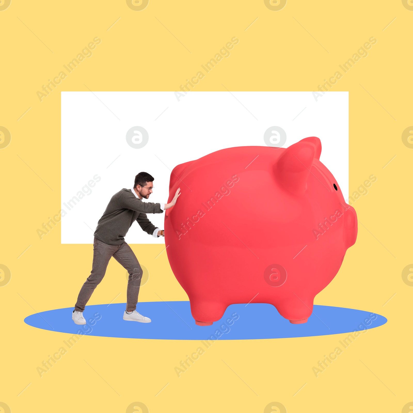 Image of Man pushing big piggy bank on yellow background. Creative collage