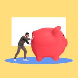 Image of Man pushing big piggy bank on yellow background. Creative collage