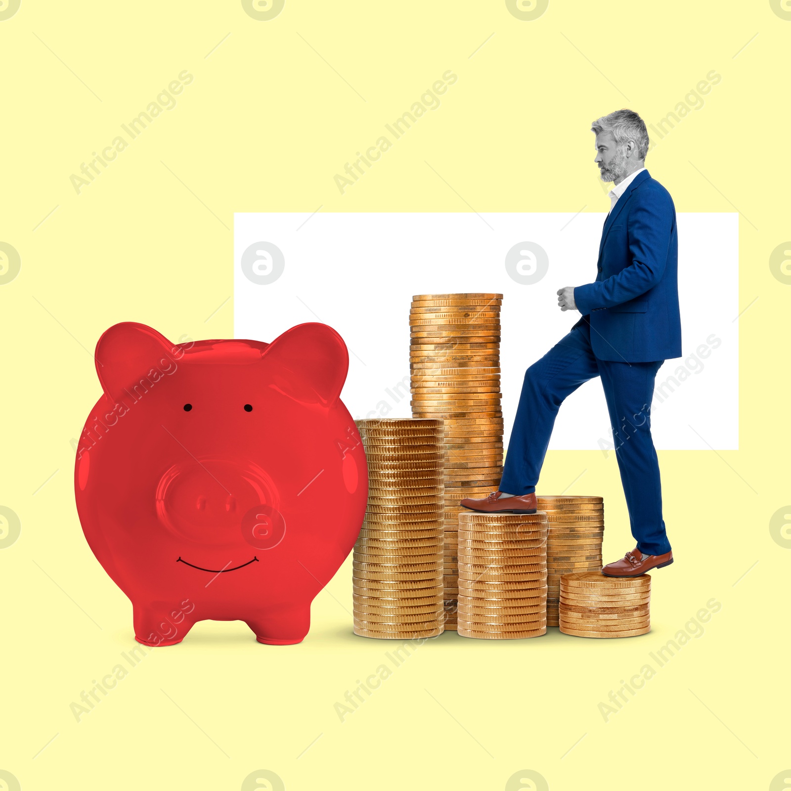 Image of Man going up on stacked coins to piggy bank on color background. Creative collage