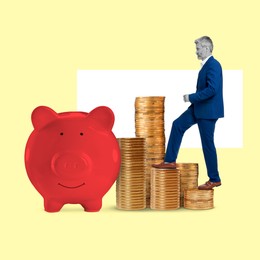 Image of Man going up on stacked coins to piggy bank on color background. Creative collage