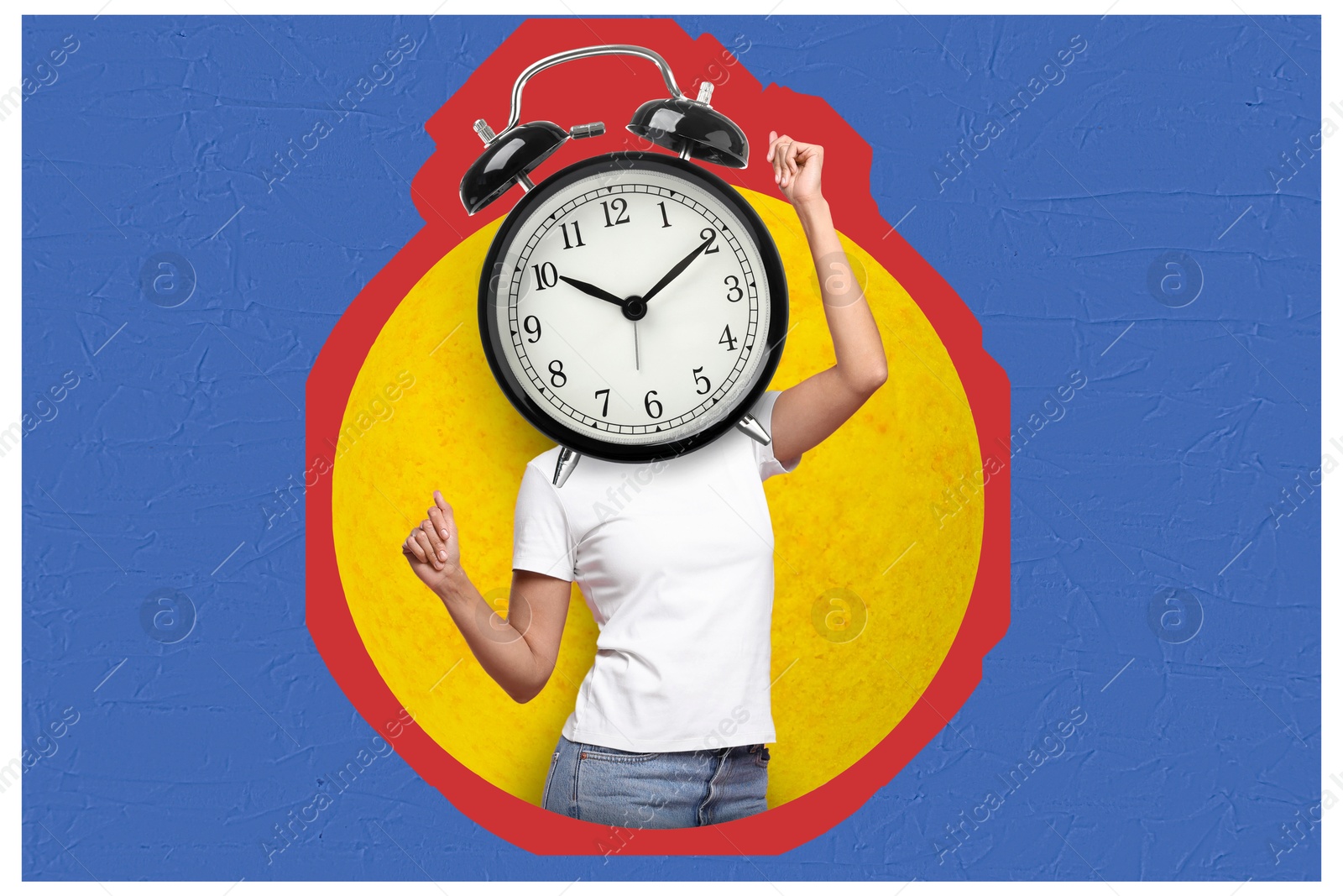 Image of Woman with alarm clock instead of head dancing on blue background, creative collage