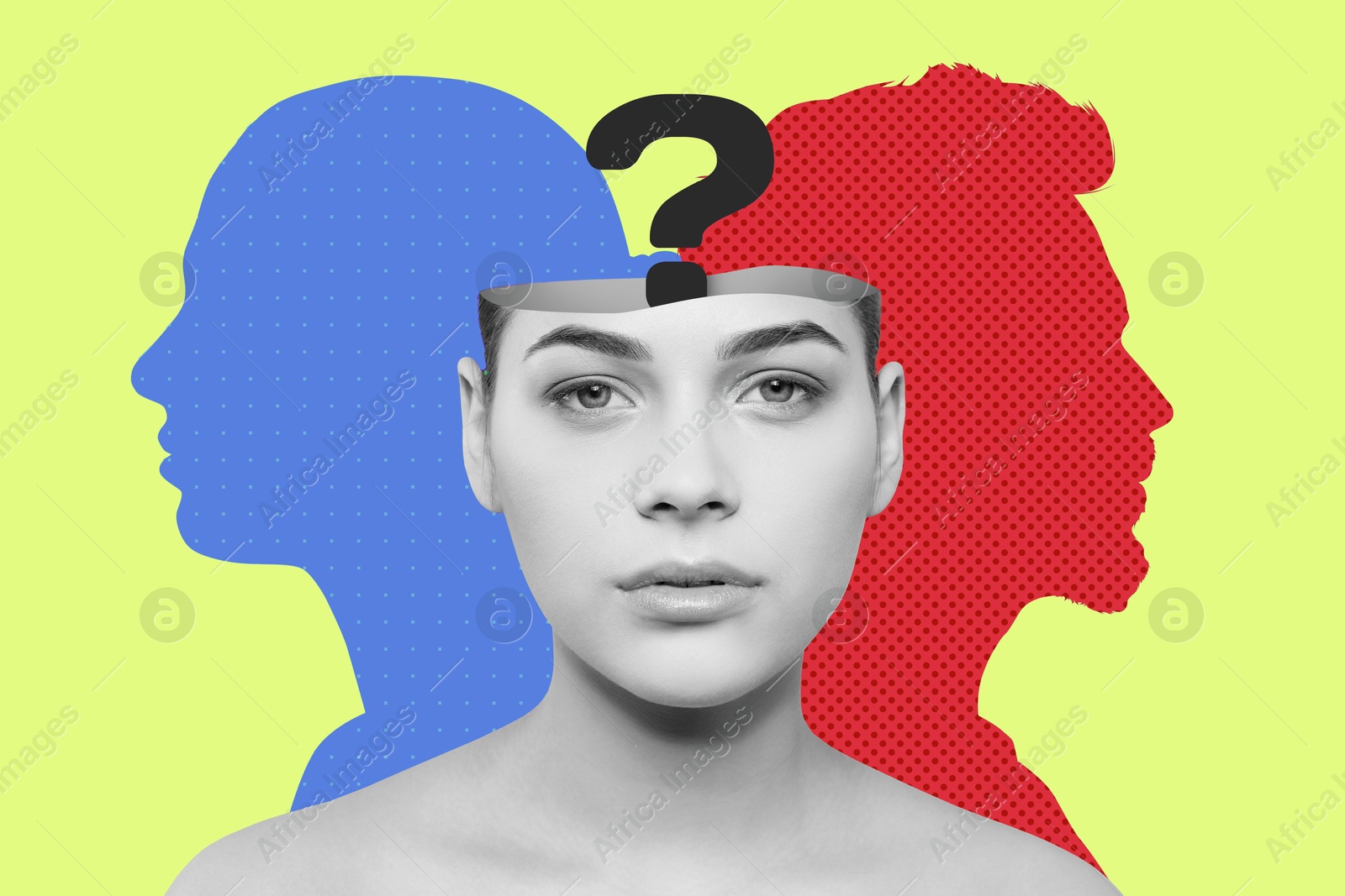 Image of Amnesia. Collage of woman with question mark in head and silhouettes of people on yellow background