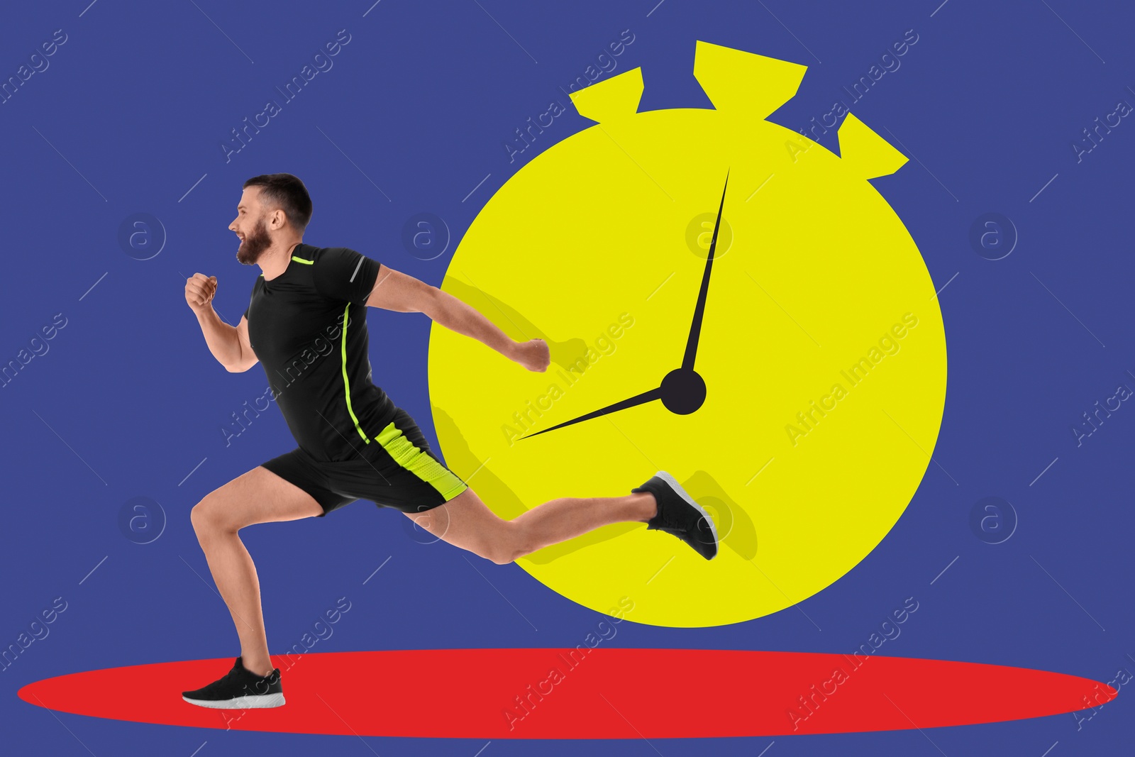 Image of Athletic man running away from illustration of stopwatch on blue background. Time concept