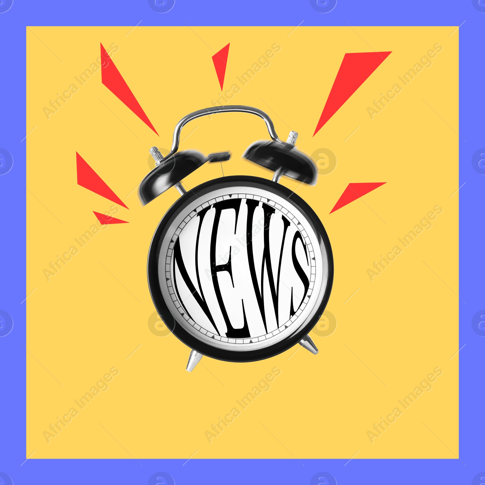 Image of Ringing alarm clock with word News on dial against yellow background. Journalism