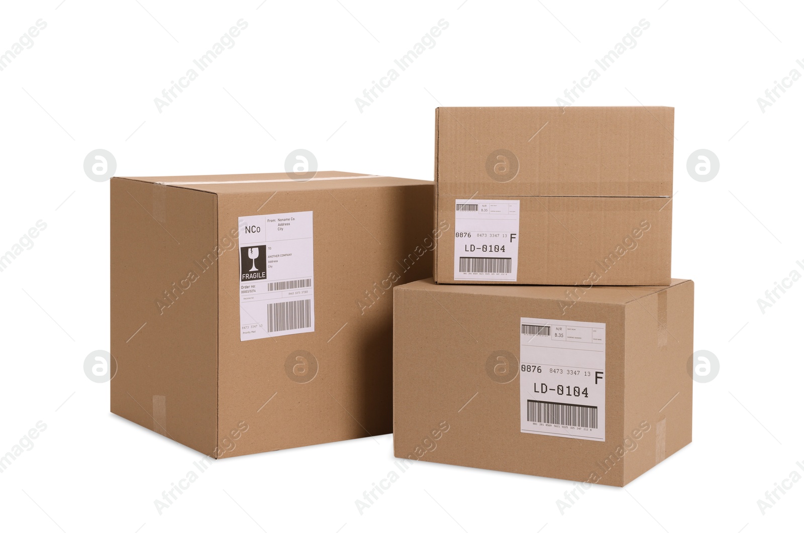 Photo of Many parcels with shipment labels isolated on white