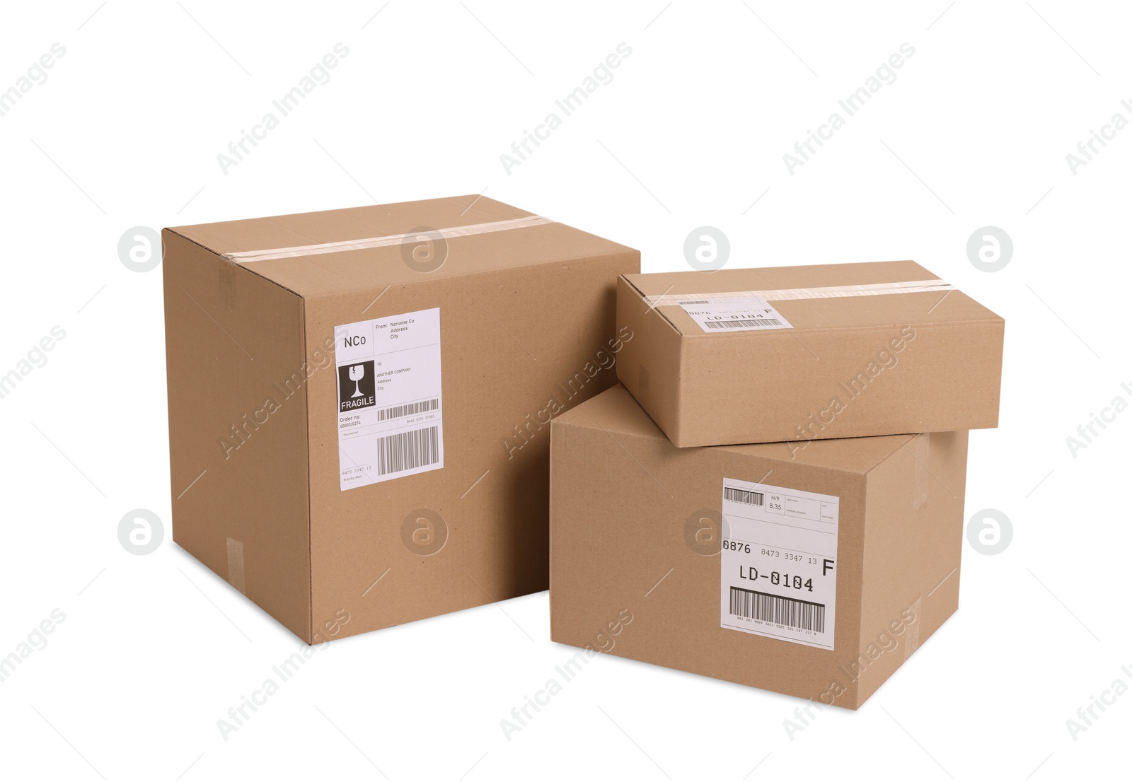 Photo of Many parcels with shipment labels isolated on white