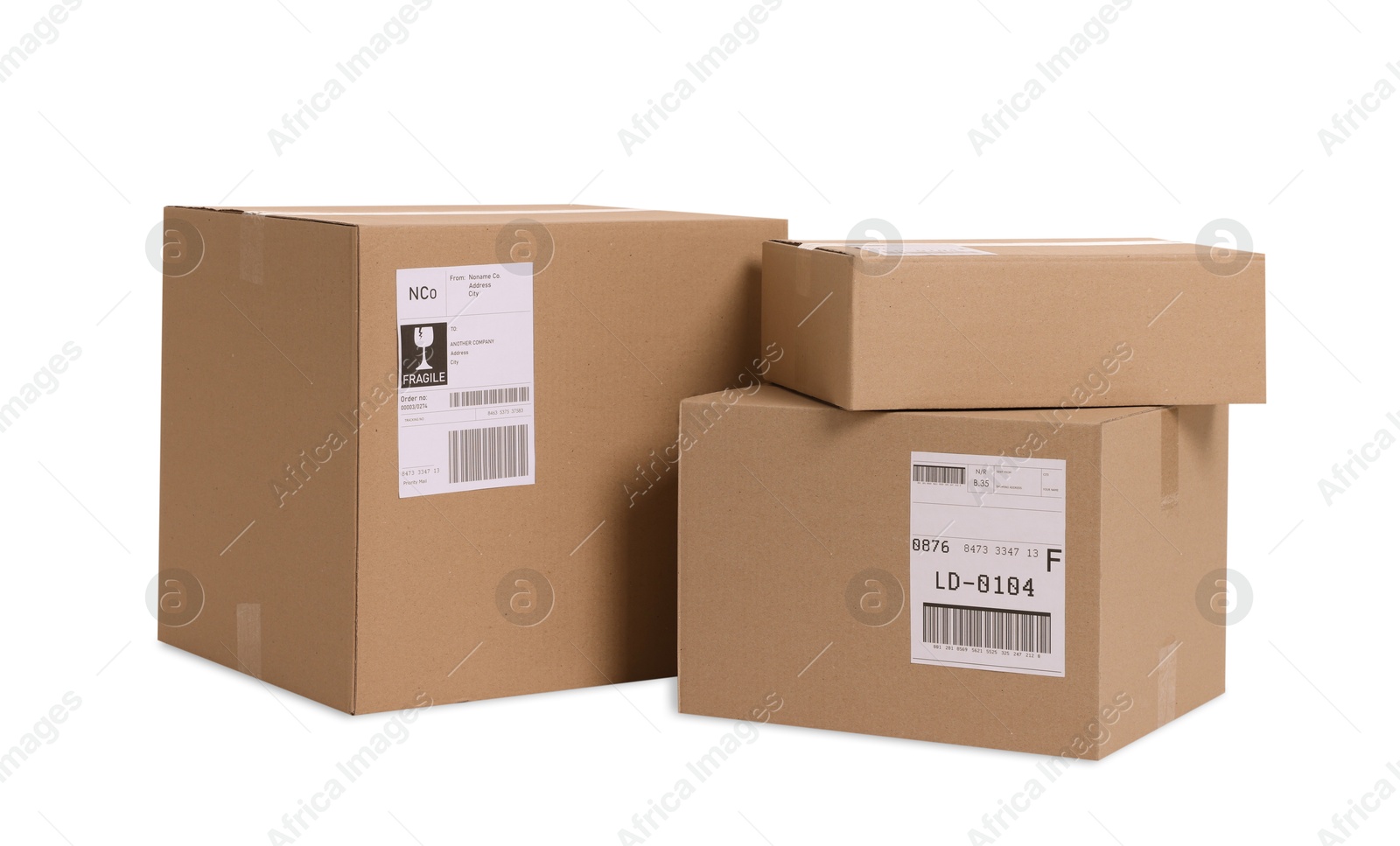 Photo of Many parcels with shipment labels isolated on white