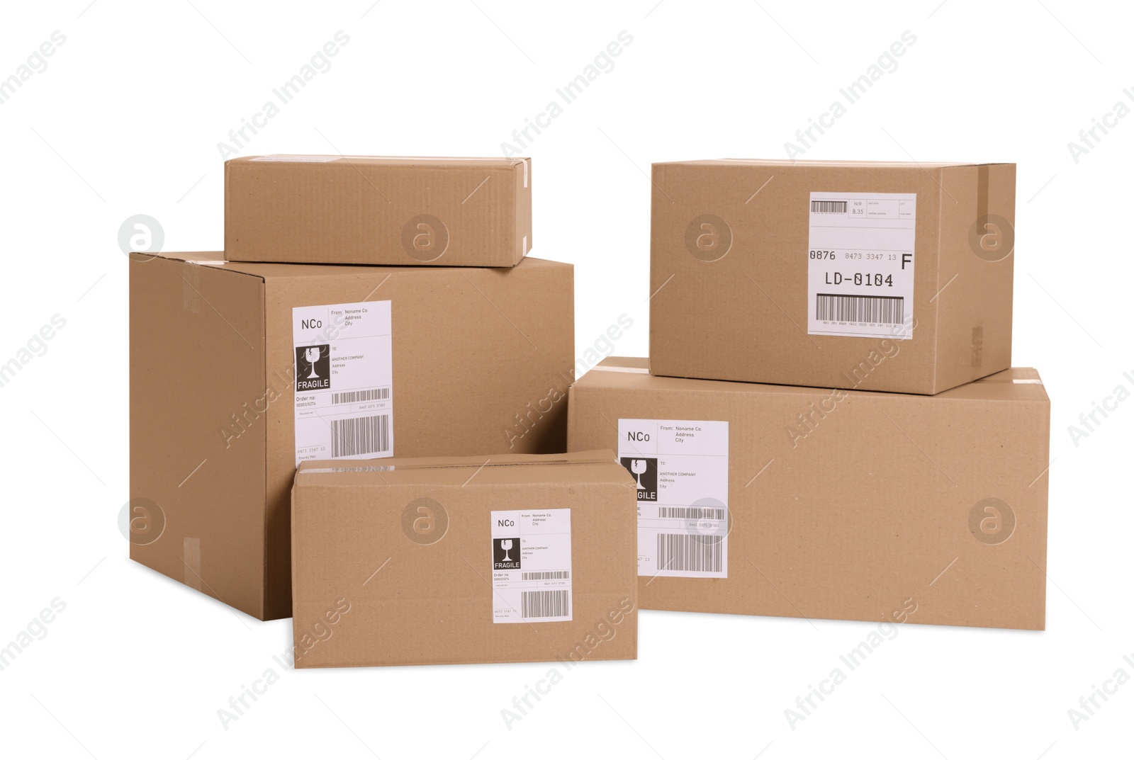 Photo of Many parcels with shipment labels isolated on white