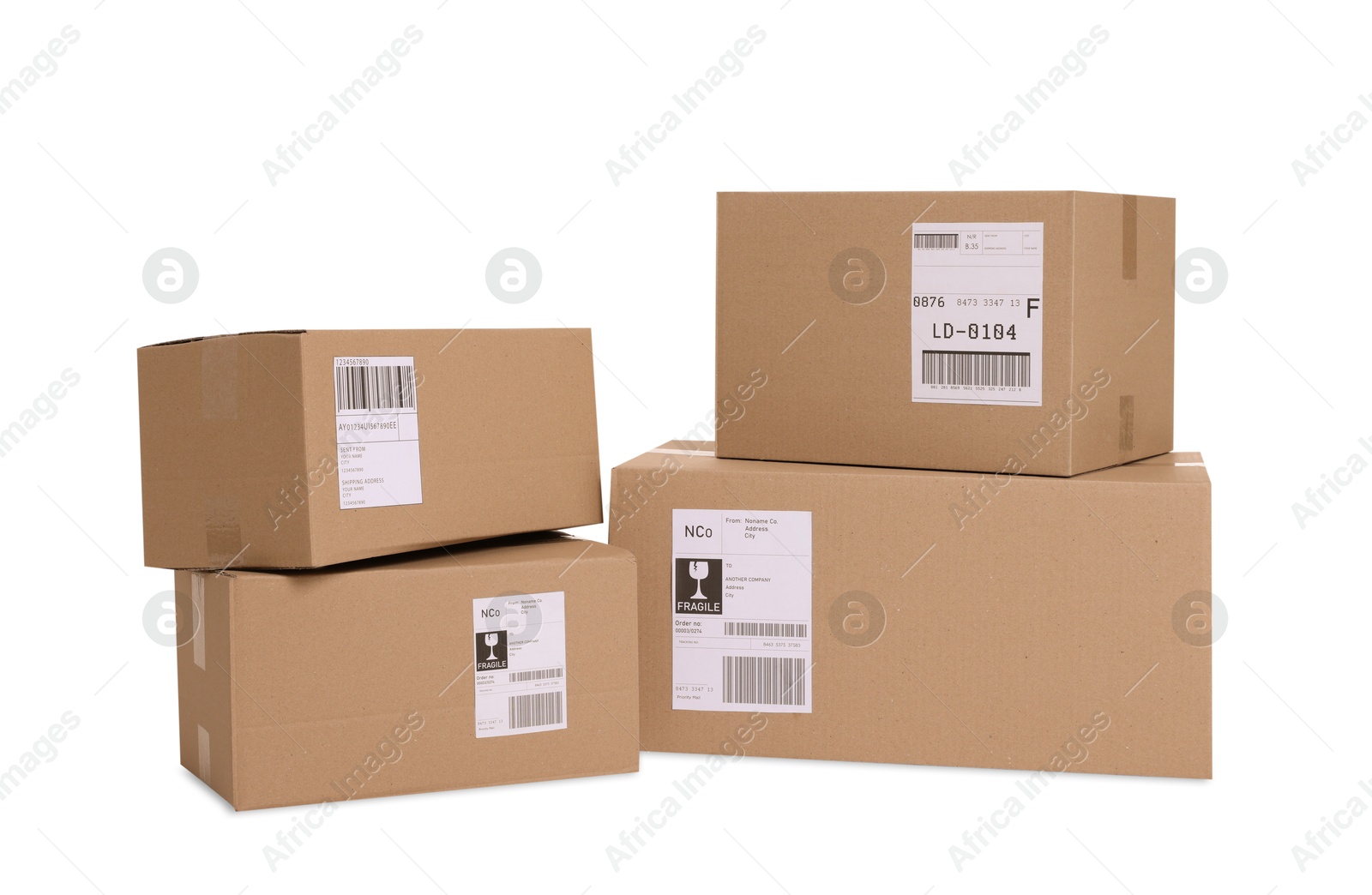 Photo of Many parcels with shipment labels isolated on white