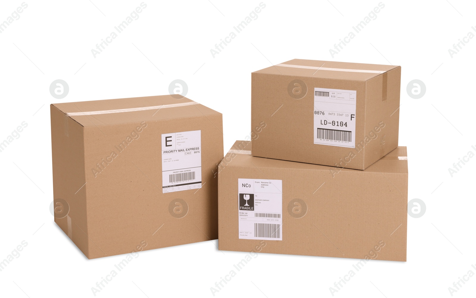 Photo of Many parcels with shipment labels isolated on white