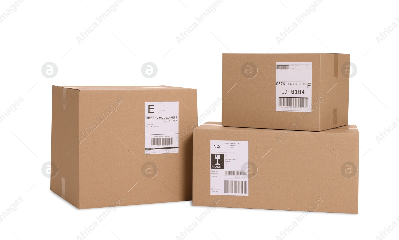 Photo of Many parcels with shipment labels isolated on white