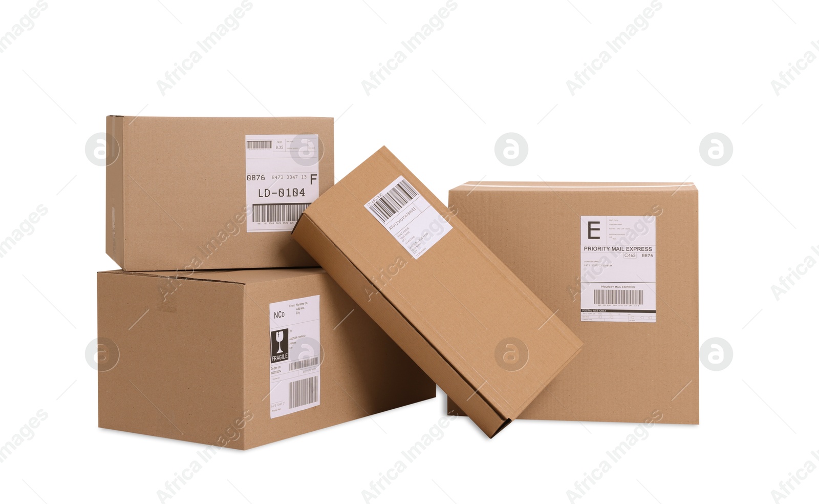 Photo of Many parcels with shipment labels isolated on white