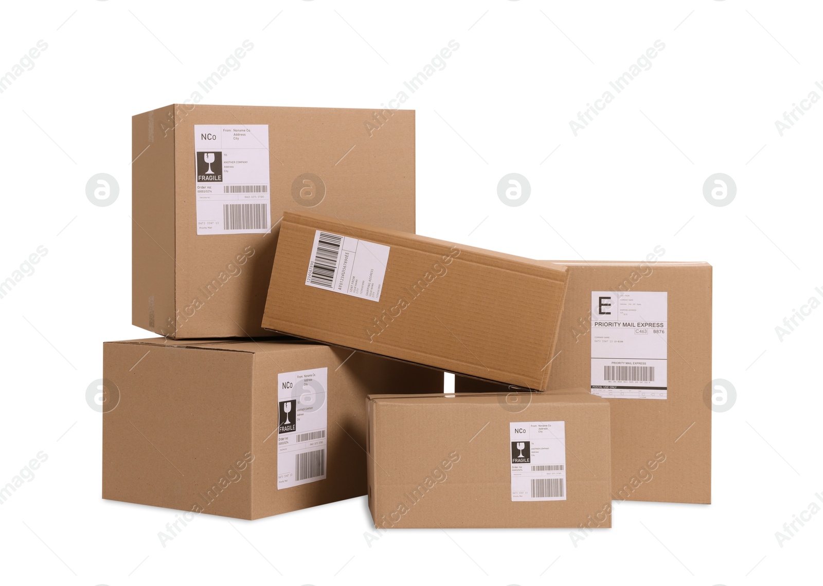 Photo of Many parcels with shipment labels isolated on white