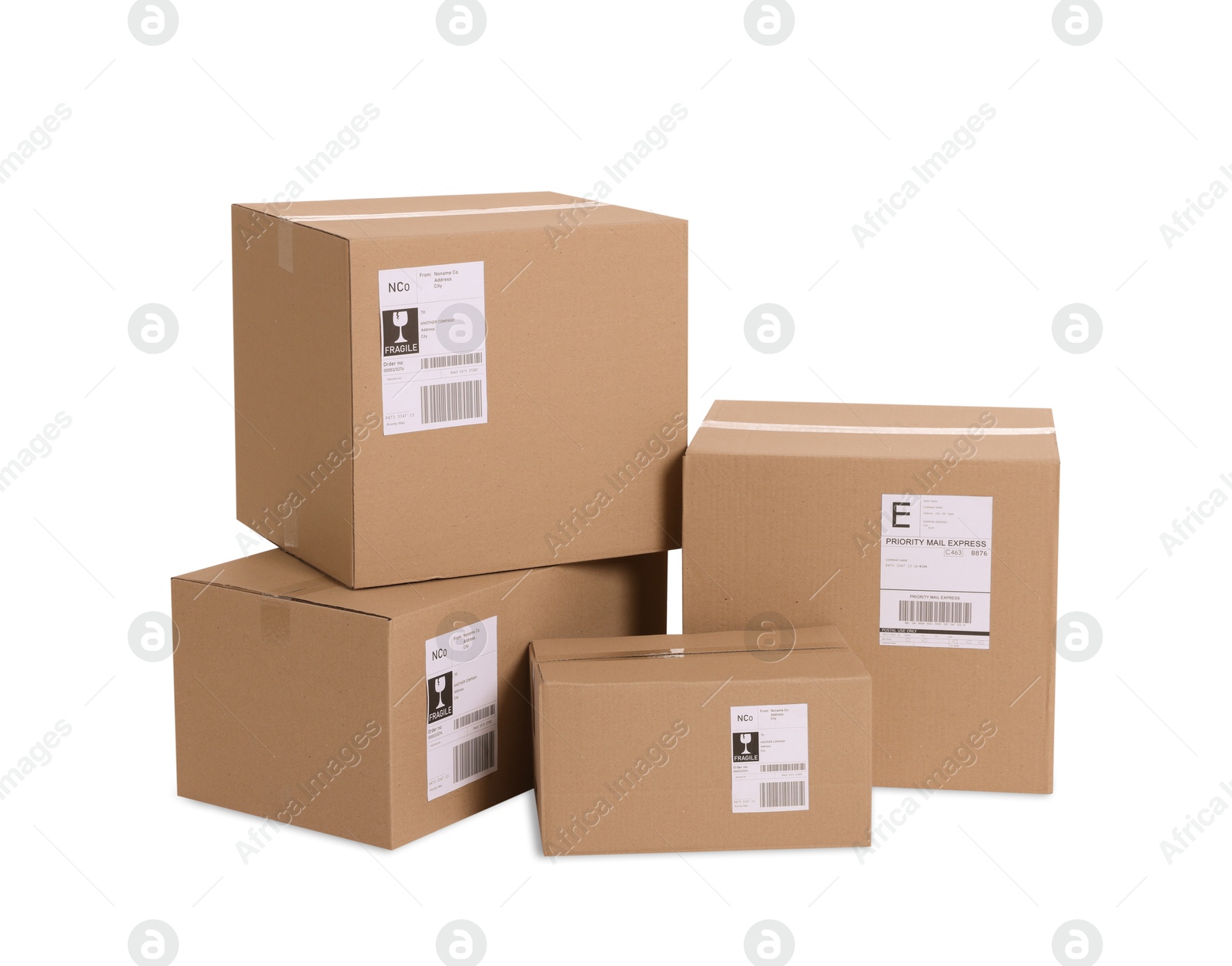 Photo of Many parcels with shipment labels isolated on white