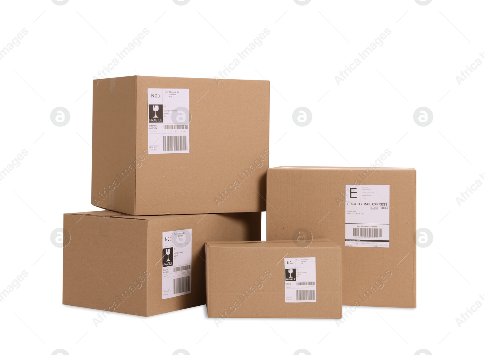 Photo of Many parcels with shipment labels isolated on white