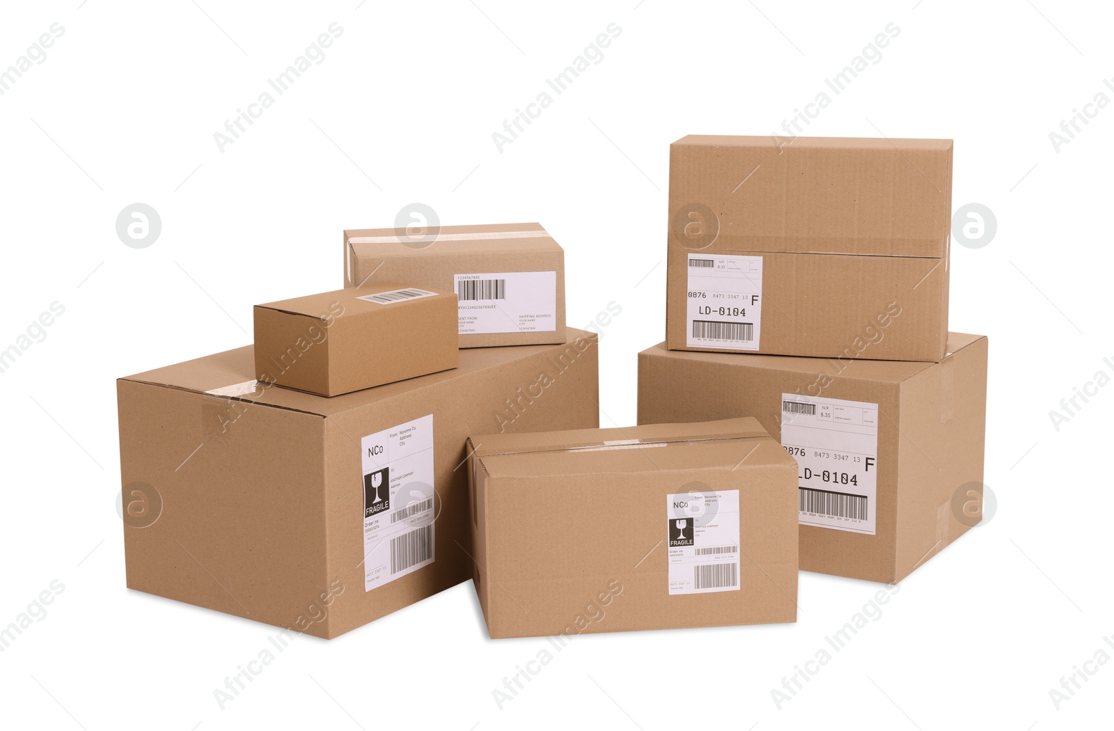 Photo of Many parcels with shipment labels isolated on white