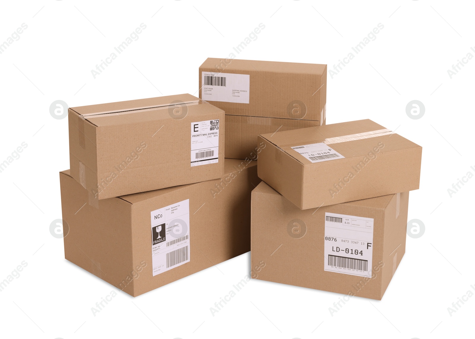 Photo of Many parcels with shipment labels isolated on white