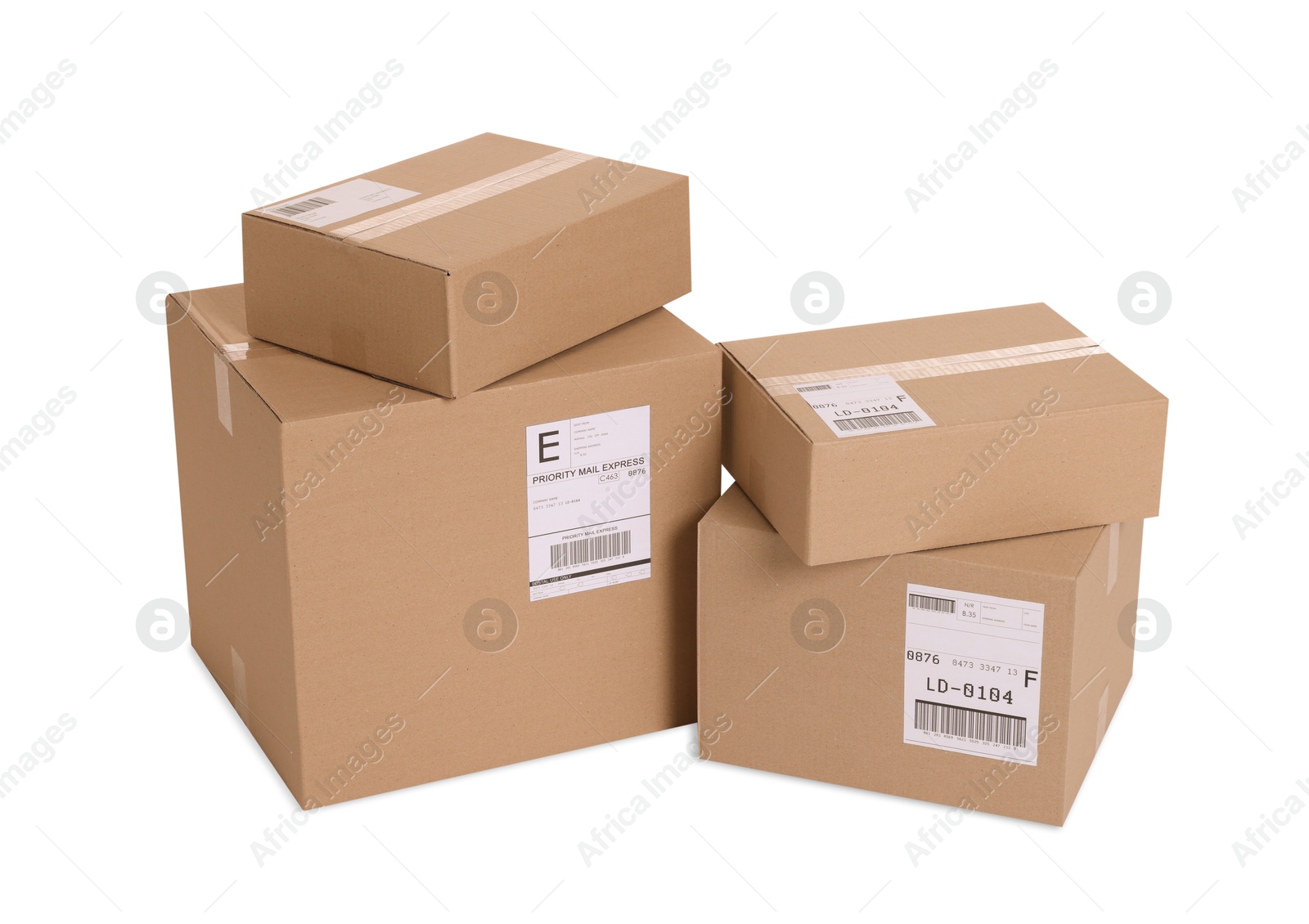 Photo of Many parcels with shipment labels isolated on white