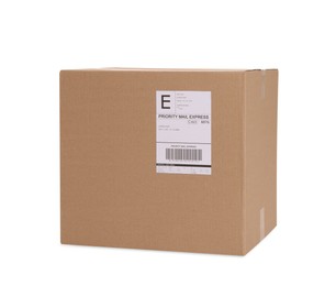 Photo of One parcel with shipment label isolated on white