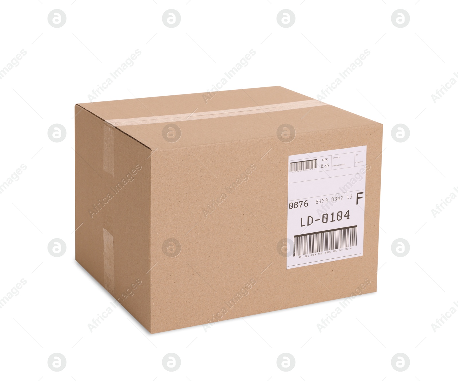 Photo of One parcel with shipment label isolated on white