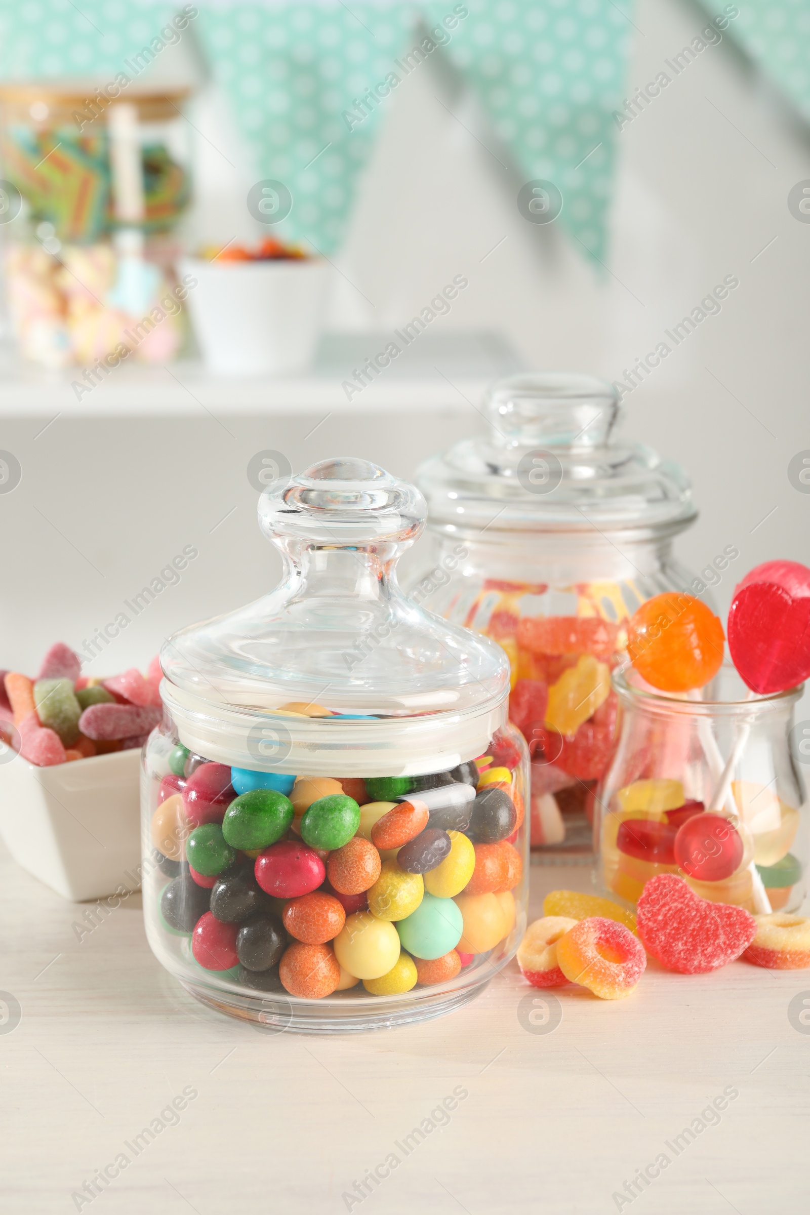 Photo of Candy bar. Many different sweets on white table indoors, closeup. Space for text