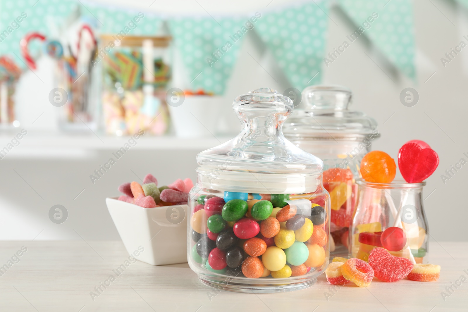 Photo of Candy bar. Many different sweets on white table indoors, closeup. Space for text