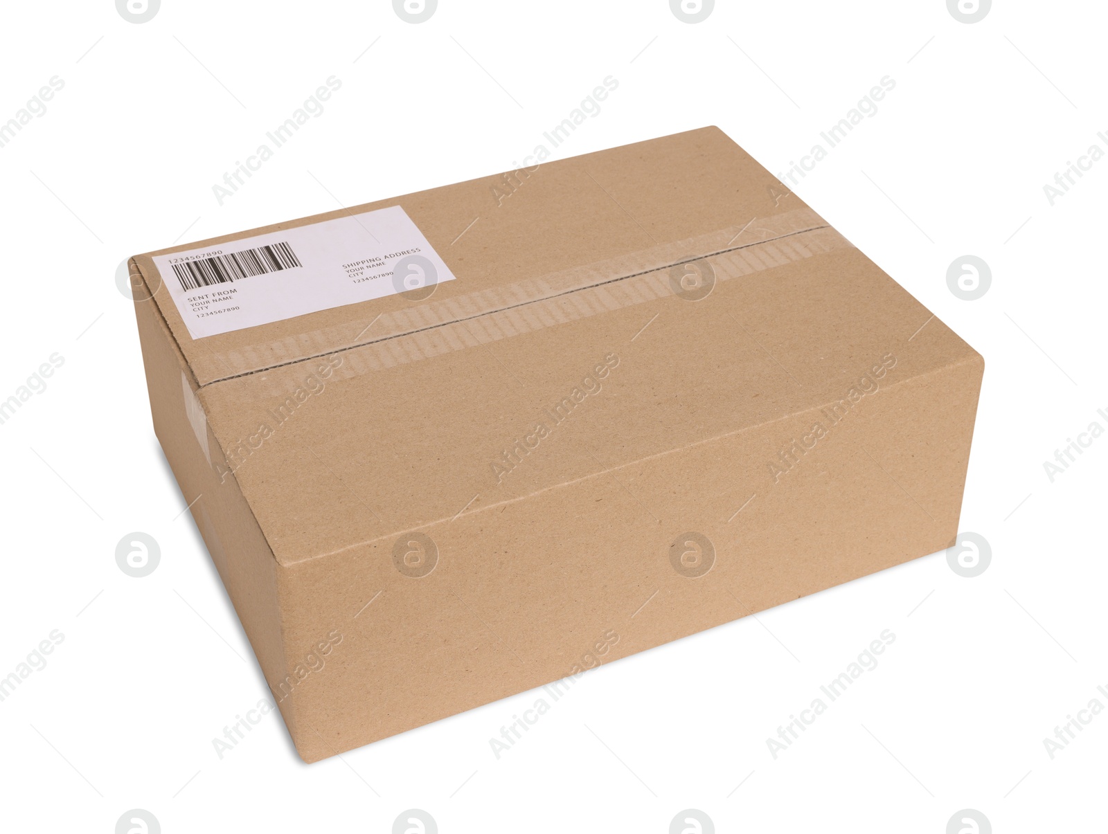 Photo of One parcel with shipment label isolated on white