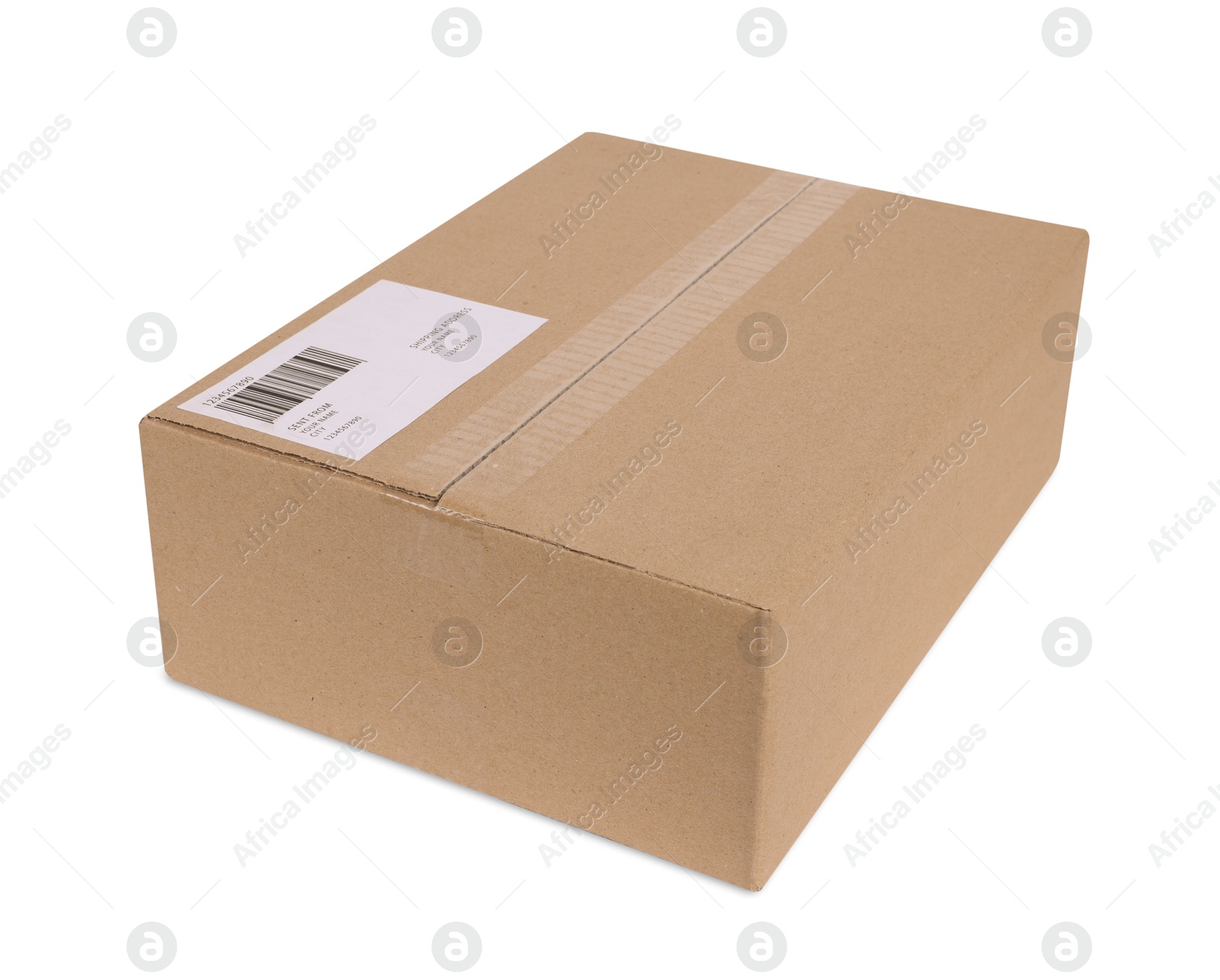 Photo of One parcel with shipment label isolated on white