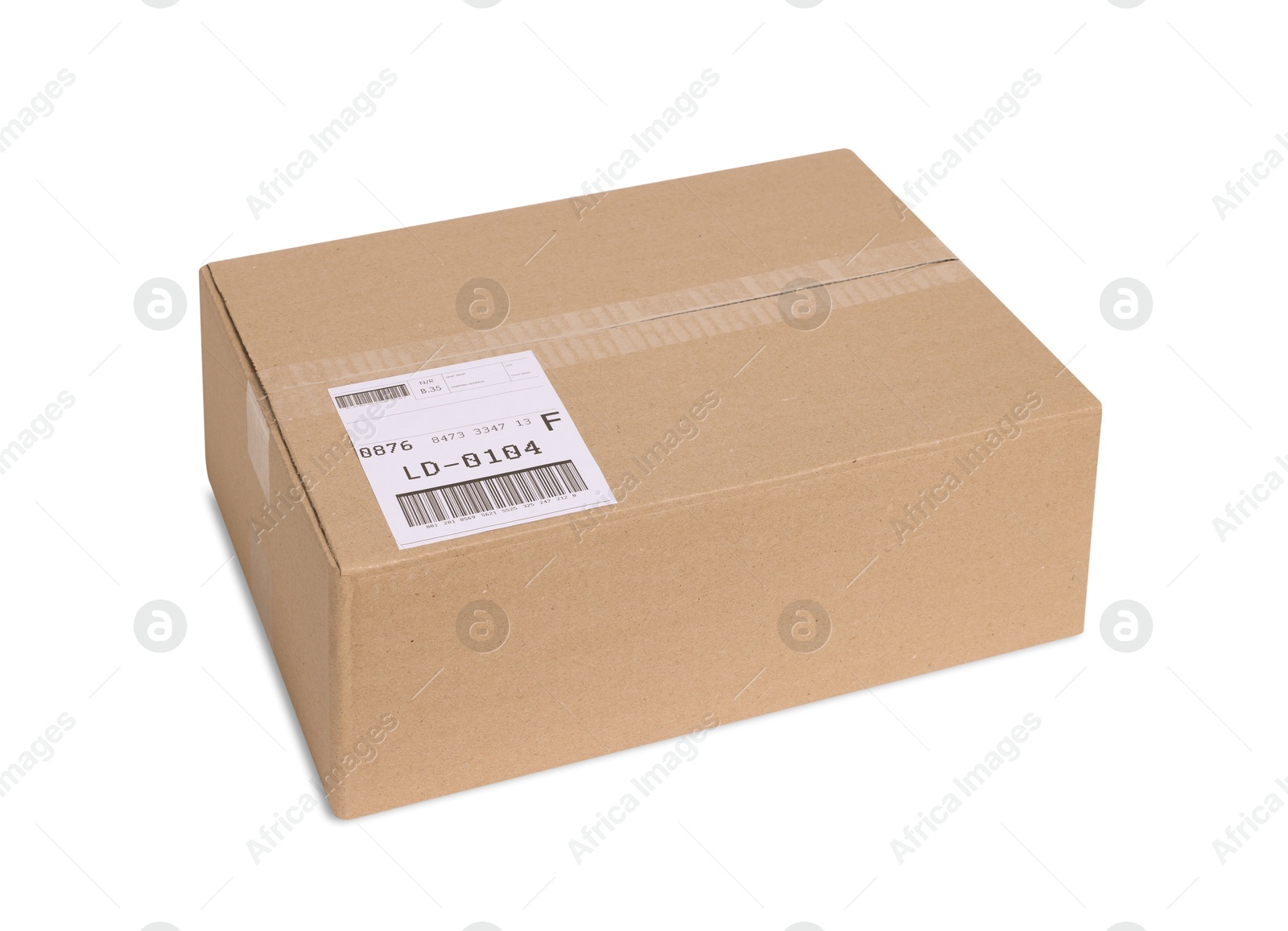 Photo of One parcel with shipment label isolated on white