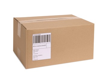 Photo of One parcel with shipment label isolated on white