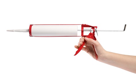 Woman with glue gun on white background, closeup