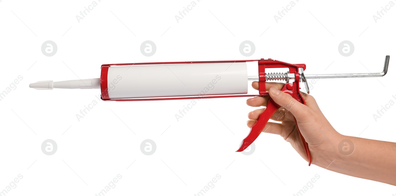 Photo of Woman with glue gun on white background, closeup