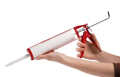 Woman with glue gun on white background, closeup