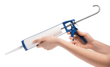 Photo of Woman with glue gun on white background, closeup