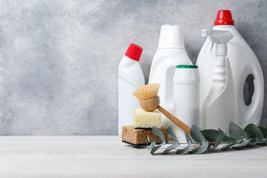 Photo of Eco-friendly cleaning products, supplies and eucalyptus branch on light wooden table, space for text