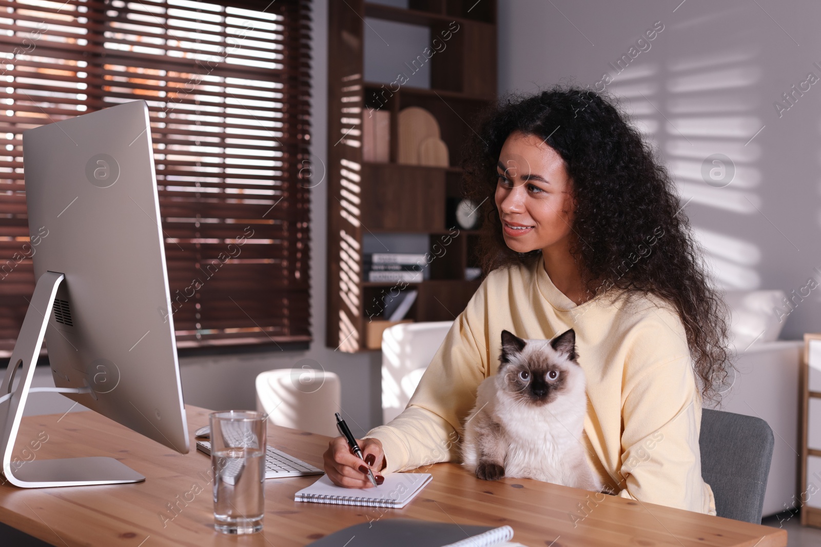 Photo of Beautiful woman with her cute cat working on computer at desk in home office