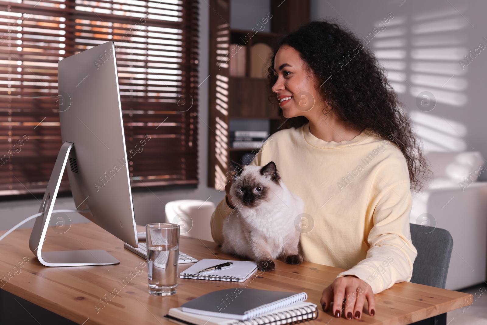 Photo of Beautiful woman with her cute cat working on computer at desk in home office