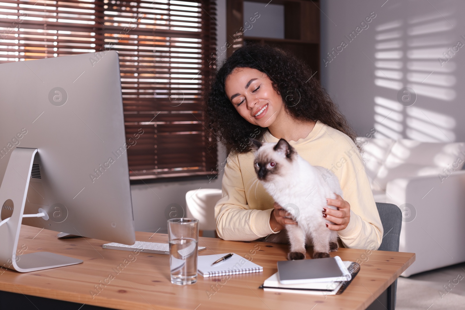 Photo of Beautiful woman with her cute cat working on computer at desk in home office