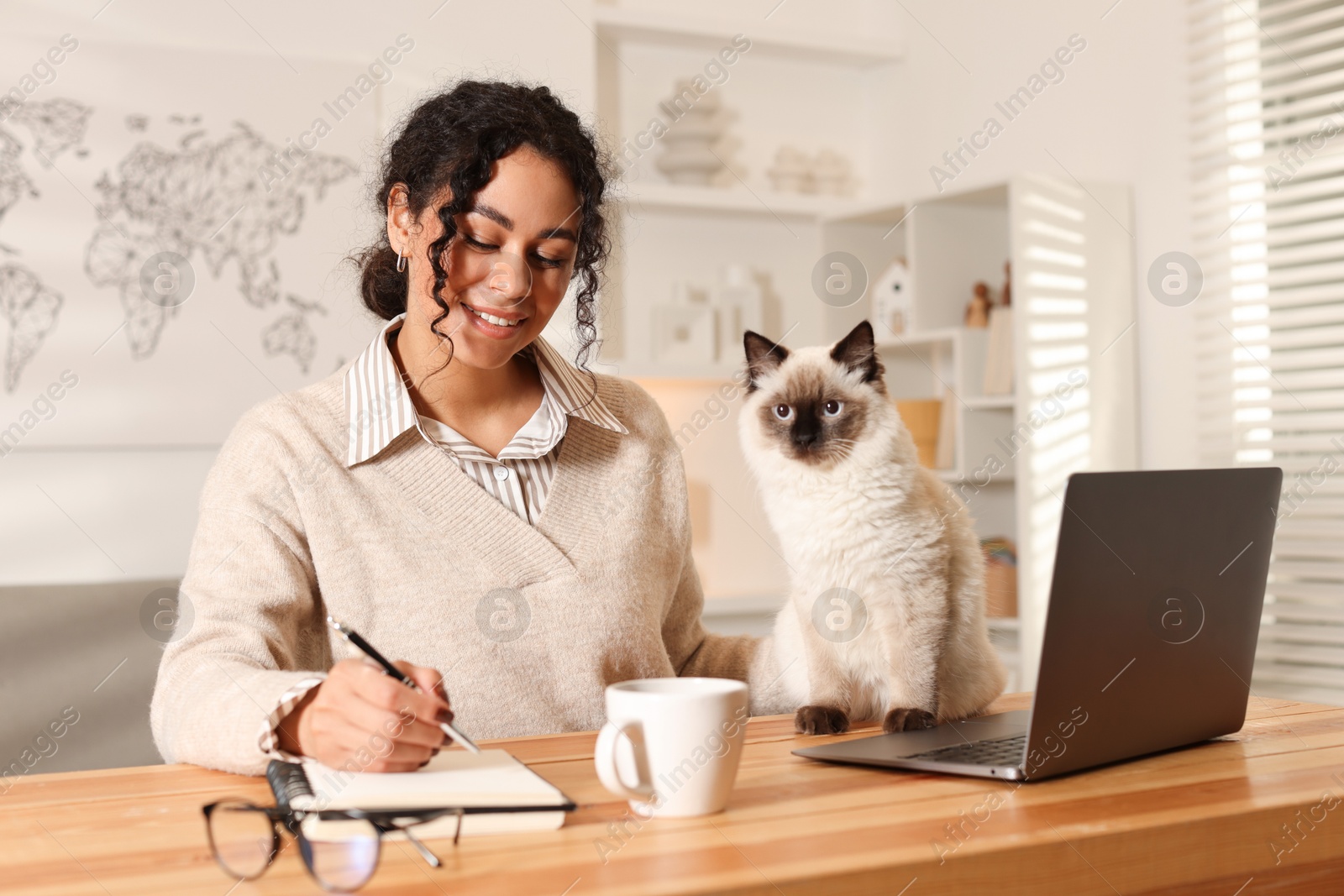 Photo of Beautiful woman with her cute cat working on laptop at desk in home office