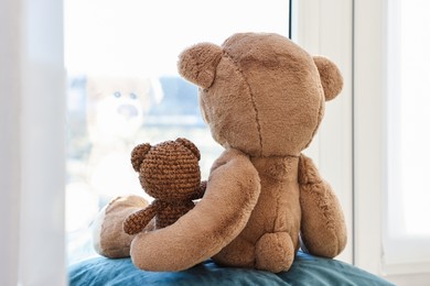 Photo of Two cute teddy bears near window indoors, back view