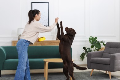 Photo of Woman with feeding bowl giving dry pet food to her dog indoors