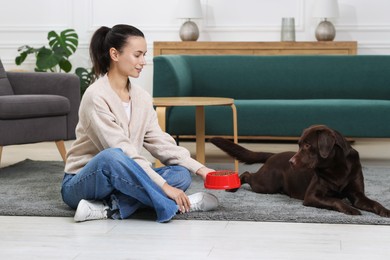 Photo of Woman giving bowl with dry pet food to her dog on floor indoors