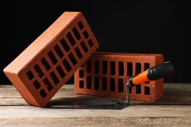 Photo of Bricks and bucket trowel on wooden table