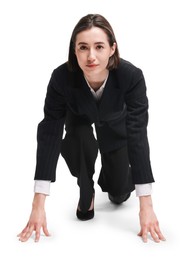 Photo of Businesswoman in starting position for run ready for competition on white background