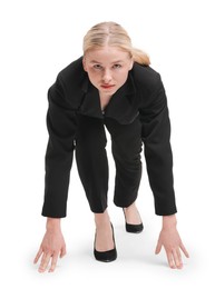 Photo of Businesswoman in starting position for run ready for competition on white background