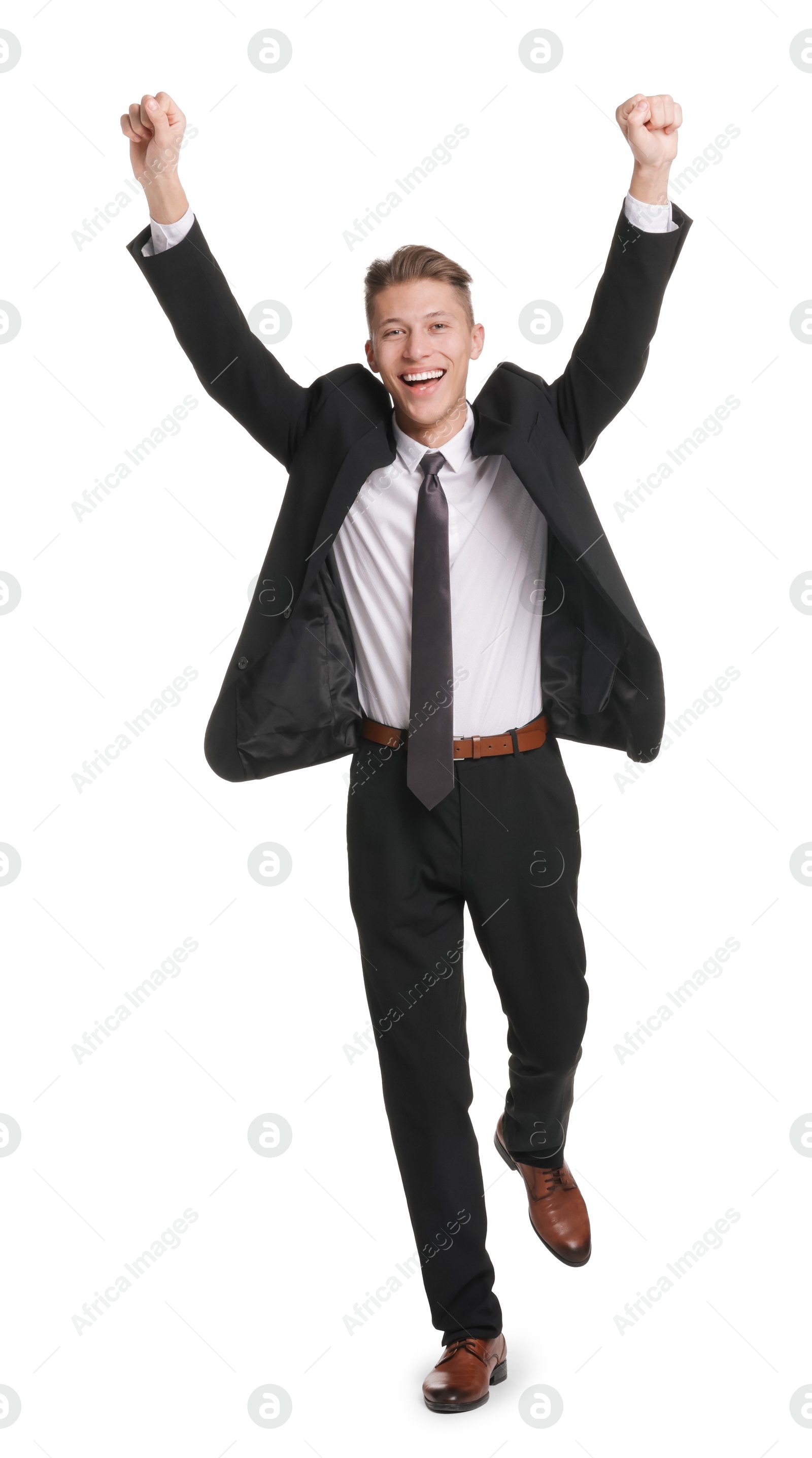 Photo of Business competition. Happy man running on white background