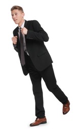 Photo of Business competition. Man running on white background