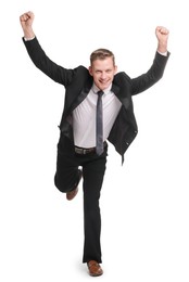 Photo of Business competition. Happy man running on white background